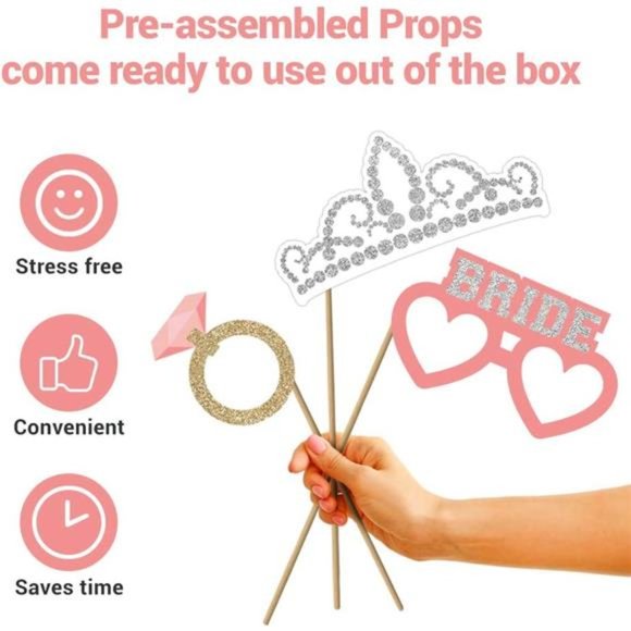 Fully Assembled Wedding Photo Booth Props - Set of 40 - Gold, Pink, Teal - Picture 2 of 7